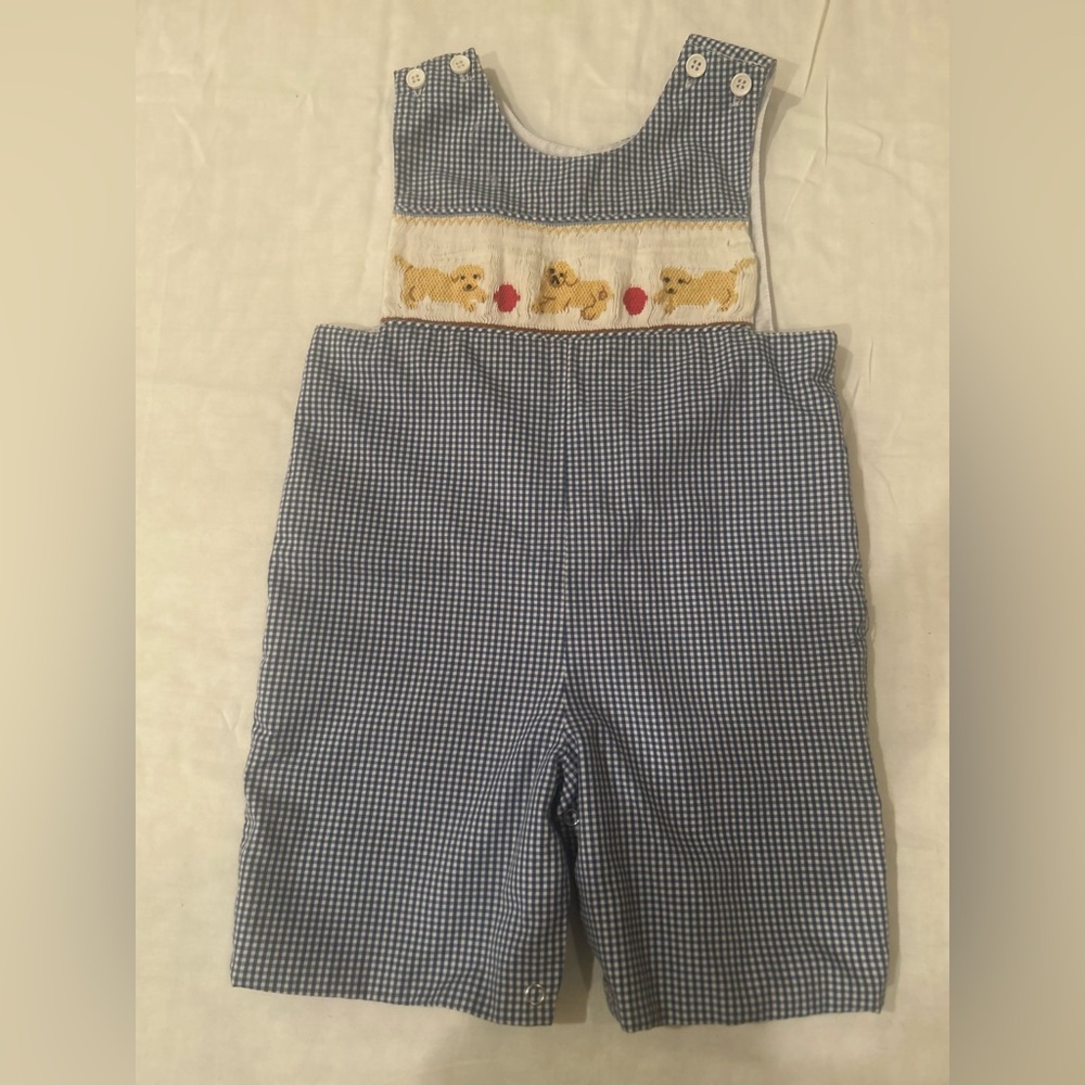 Mom & Me Boys Smocked Shortalls Romper /Puppies theme Blue 12 Months /Retail $72